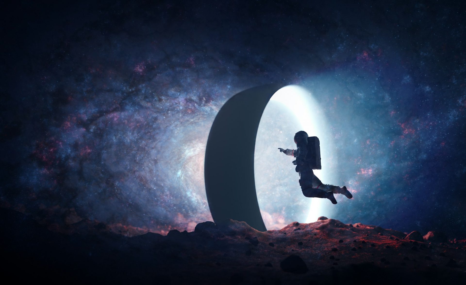 Astronaut on alien planet entering spacetime portal light